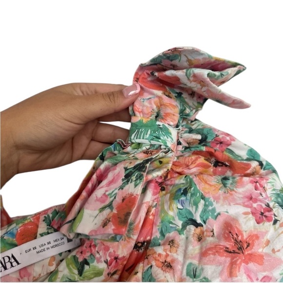 Zara Pink and Red One Shoulder Puff Sleeve Dress - Picture 3 of 6